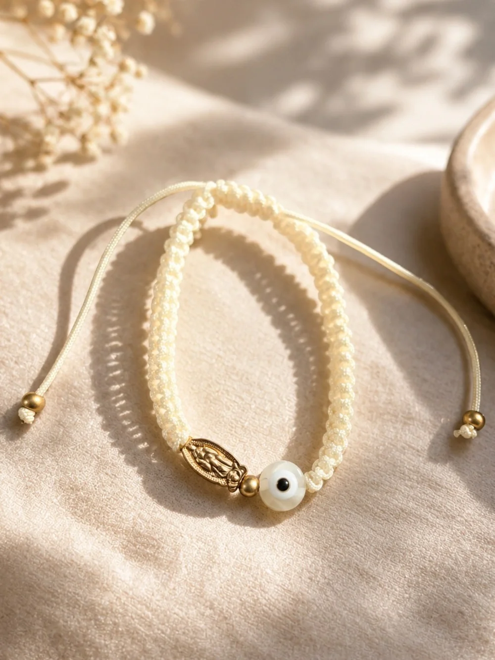 Ivory Virgin Mary & Evil Eye Adjustable Bracelet